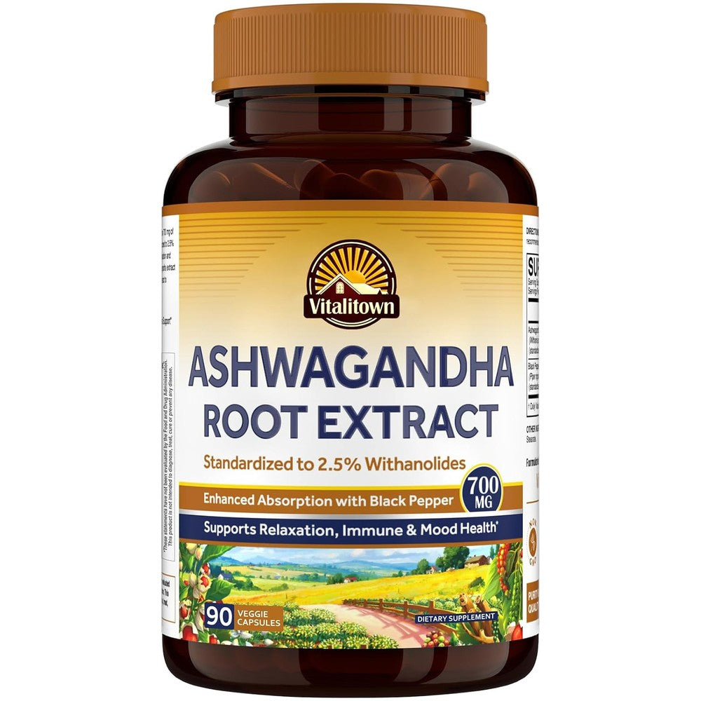 Vitalitown Ashwagandha Root Extract 700mg Supplement For Stress Mood And Immune Support With Black Pepper Extract 90 Vegan Capsules
