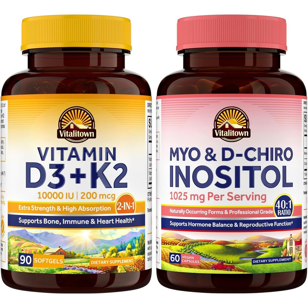 God Of Supps Vitalitown D3 K2 And Inositol Bundle Vitamin D3 10000 IU Plus K2 MK7 Plus Myo-Inositol And D-Chiro For Women 90 Softgels