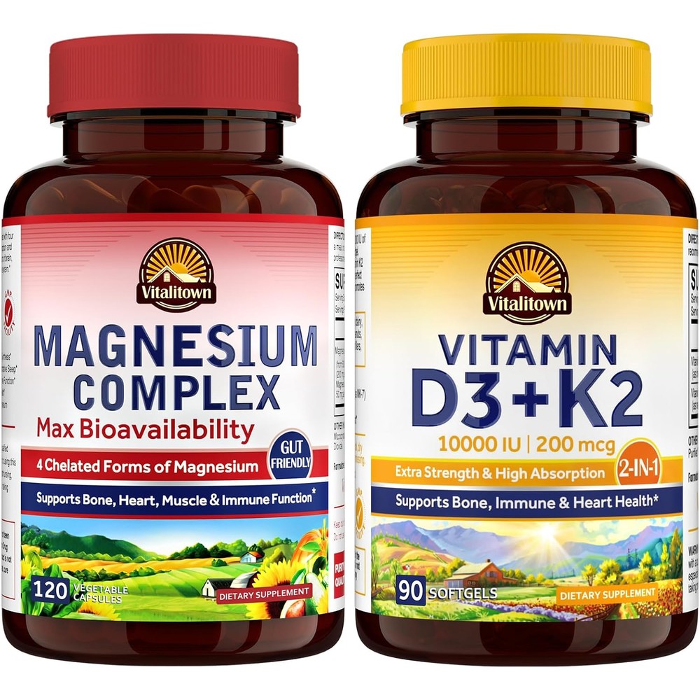 Vitalitown Magnesium Complex And Vitamin D3 K2 Bundle Pack Of 2 For Bone Heart Immune And Muscle Health 120 Capsules And 90 Softgels