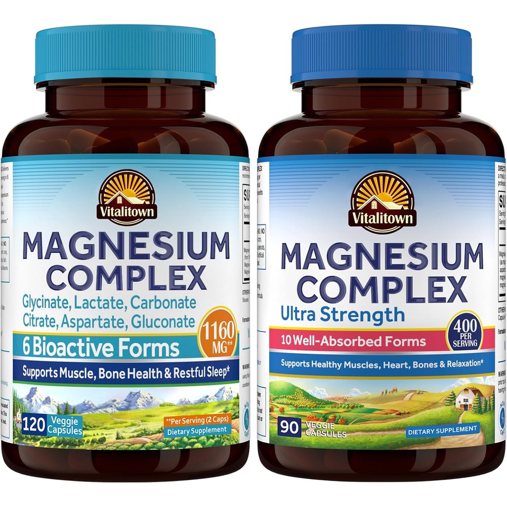 Vitalitown Magnesium Bundle Pack Of 2 6-In-1 And 10-In-1 Magnesium Complex For Bone Heart And Muscle Support 120 And 90 Capsules