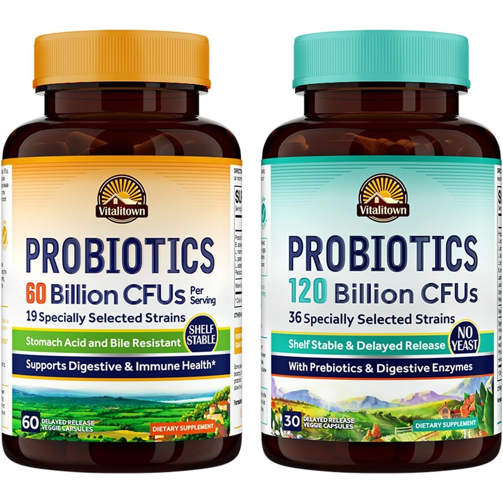 Vitalitown Probiotic Bundle Pack Of 2 With 60 Billion And 120 Billion CFUs 30 Day Supply Each Shelf Stable Delayed Release Veg Capsules For Digesti...