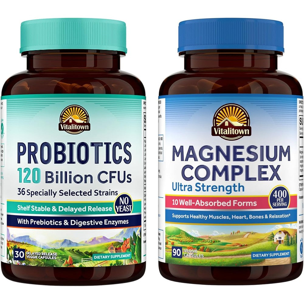 Vitalitown Probiotic And Magnesium Bundle Pack Of 2 Probiotics 120 Billion CFUs And 6-In-1 Magnesium Complex For Gut Bone Muscle And Sleep Health V...