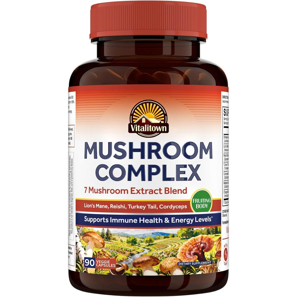 Vitalitown 7 Mushroom Complex High Potency Lion's Mane Cordyceps Reishi Turkey Tail Chaga Maitake Shiitake 500 Milligram 90 Vegan Capsules
