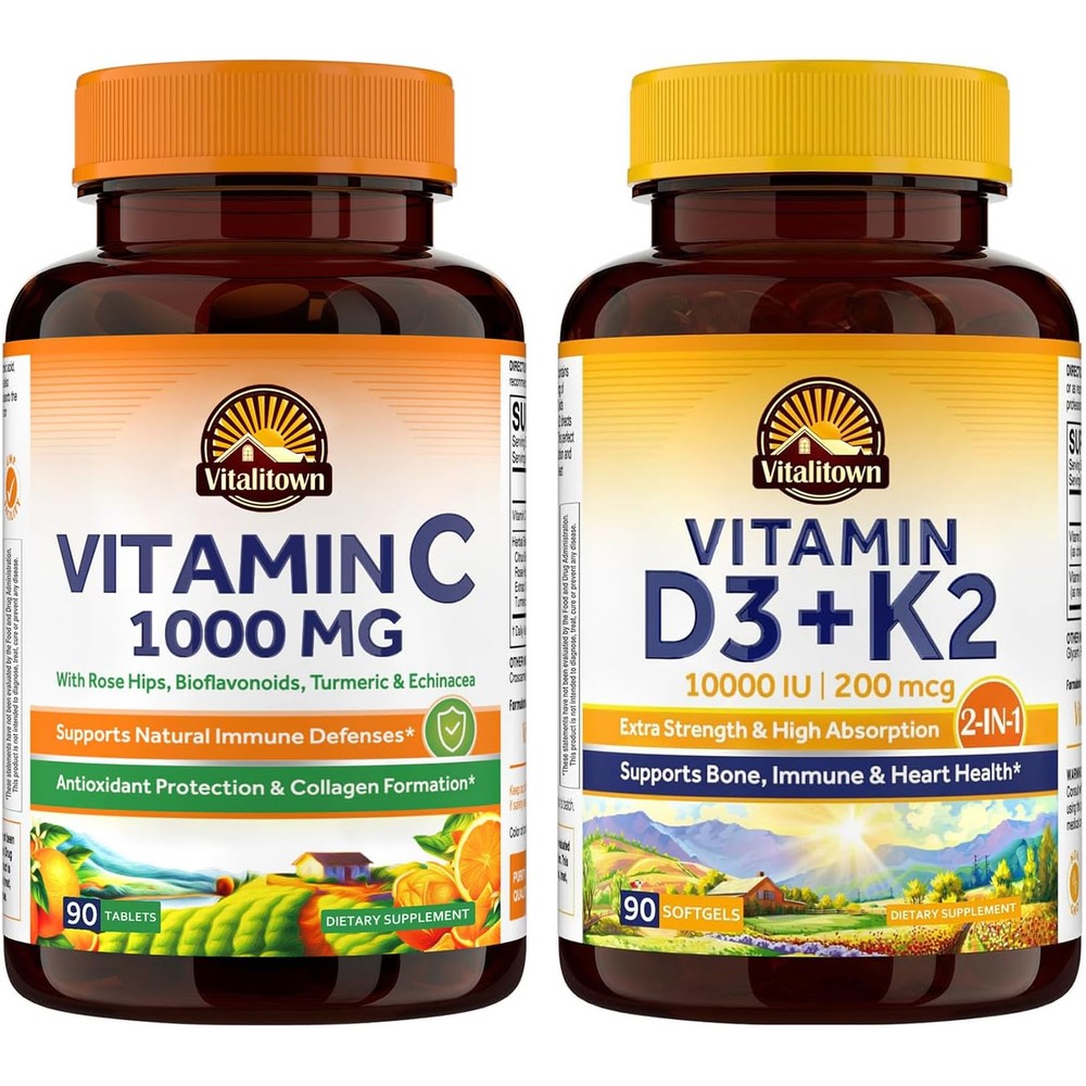 Vitalitown Vitamin D3 K2 Supplement And Vitamin C Complex 1000 Milligrams Daily Immune And Bone Health Support