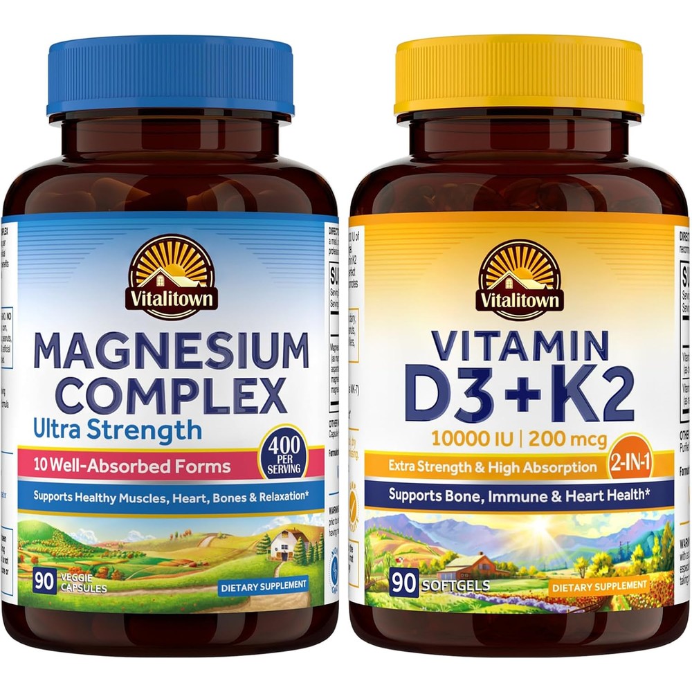 Vitalitown Ultra Magnesium And Vitamin D3 K2 Bundle Pack Of 2 10 In 1 Magnesium Complex And 10000 IU D3 MK 7 180 Count