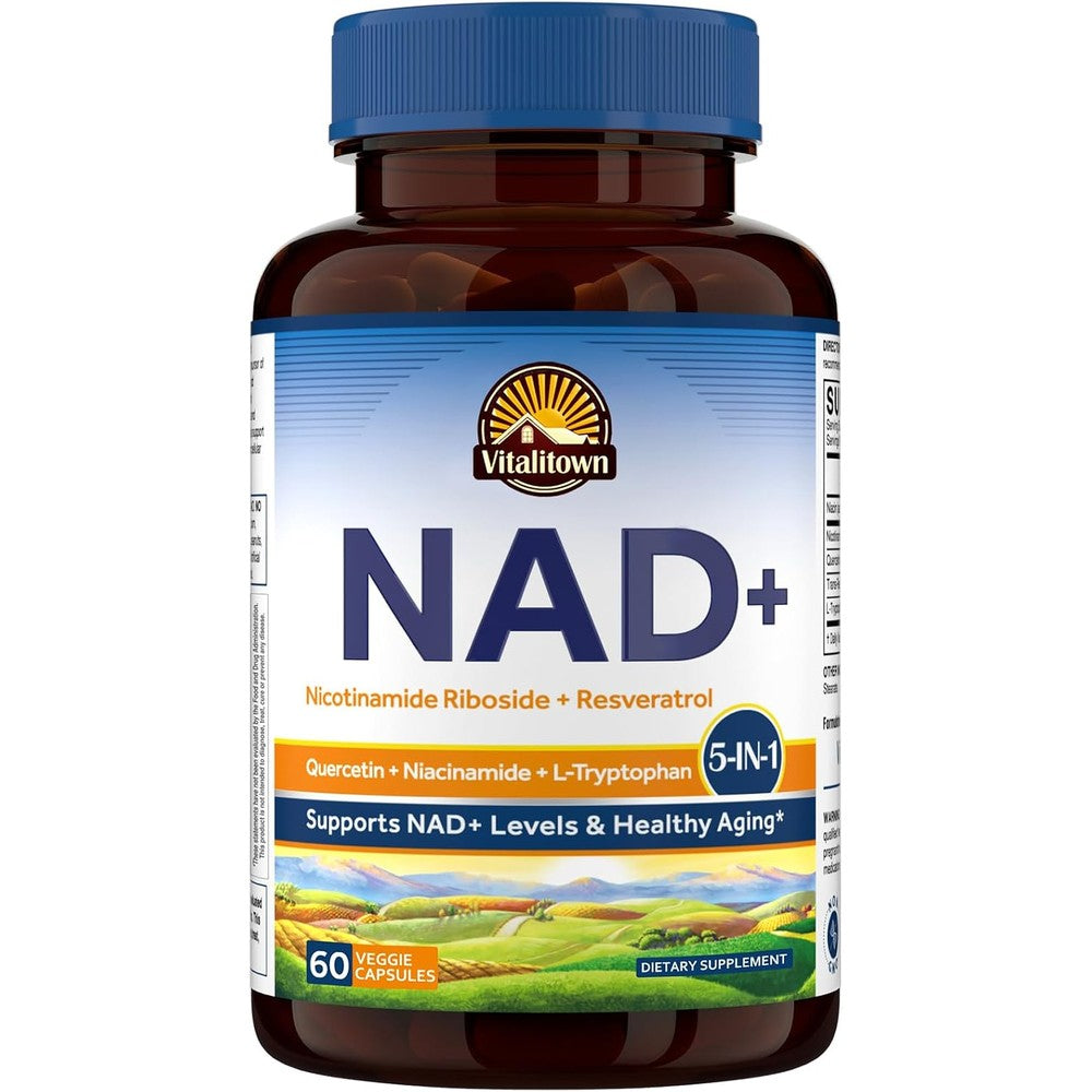 Vitalitown 5 in 1 NAD+ NMN Supplement Alternatives Nicotinamide Riboside Trans-Resveratrol Quercetin Niacinamide L-Tryptophan 60 Veggie Capsules
