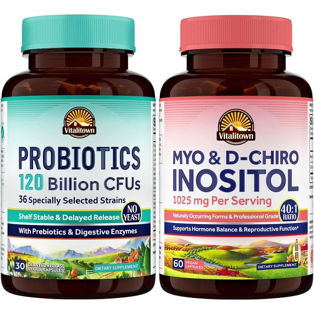 Vitalitown Probiotics And Inositol Bundle 120 Billion CFUs 36 Strains With Prebiotics Digestive Enzymes And Myo D-Chiro