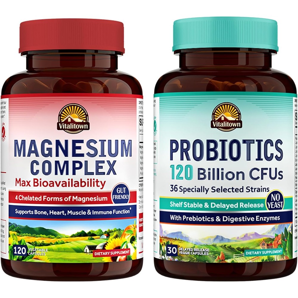 Vitalitown Magnesium And Probiotic Bundle Pack Of 2 Magnesium Complex And Probiotics 120 Billion CFUs 120 Capsules And 30 Capsules