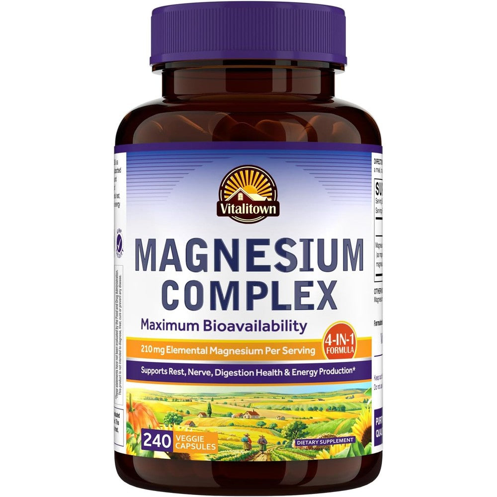 Vitalitown Magnesium Complex Chelated Easily Absorbed Glycinate Citrate Malate Taurate 210 Milligrams Elemental Magnesium 240 Vegetable Capsules