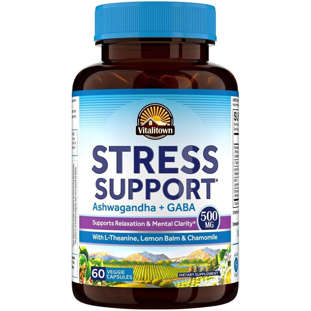 Vitalitown Stress Support Supplement Calming Blend Of Ashwagandha GABA L-Theanine Lemon Balm 60 Vegan Capsules
