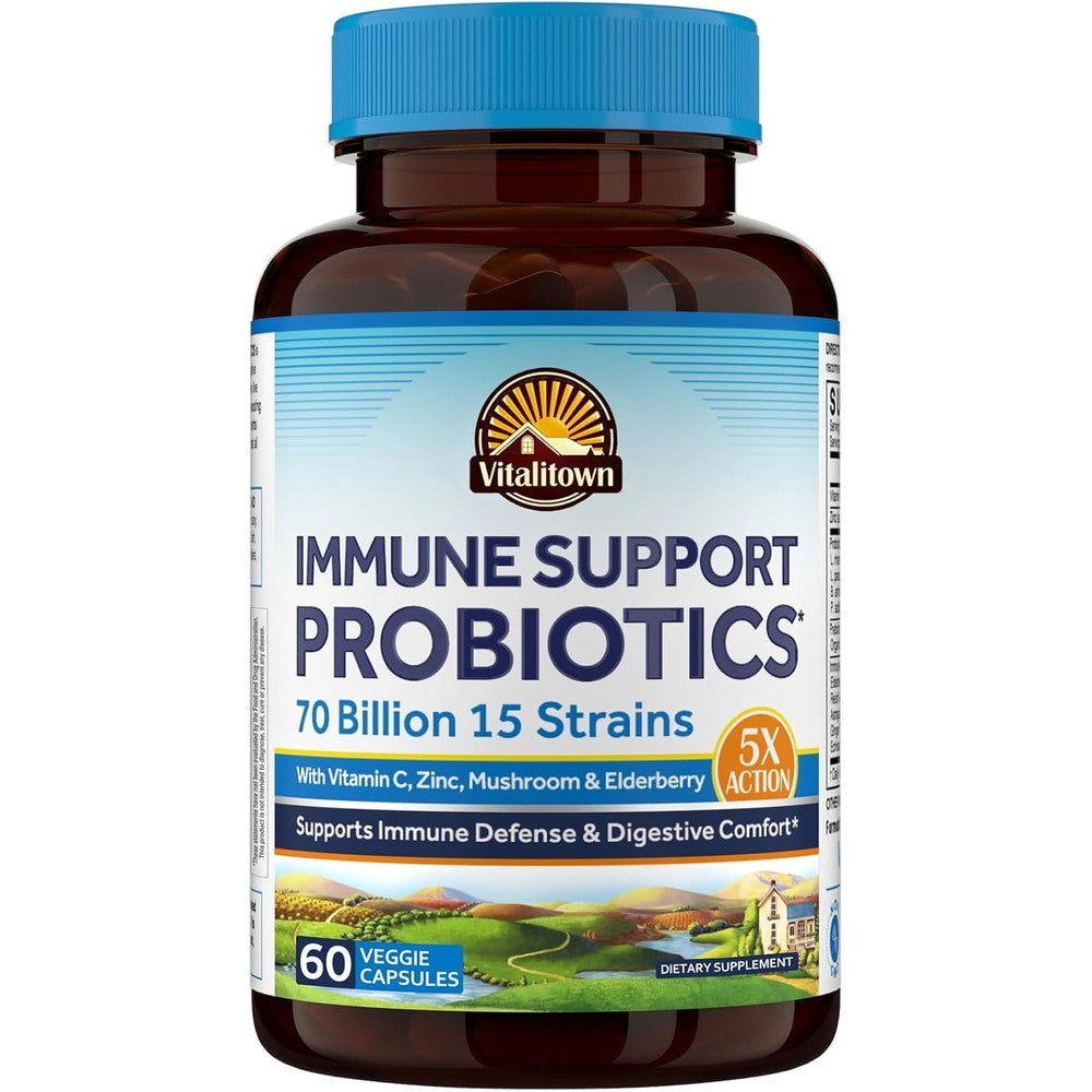 Vitalitown Probiotics 70 Billion CFU Immune Support Supplement 15 Clinical Strength Strains With Vitamin C Zinc Elderberry And Echinacea 60 Vegan C...