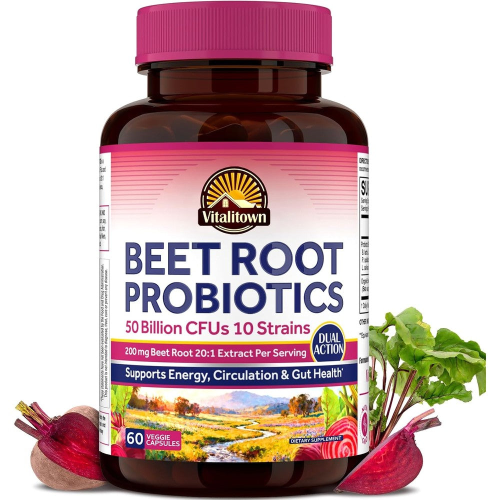 Vitalitown Organic Beet Root Capsules With Probiotics 4000 Milligram Equivalent 50 Billion CFU 10 Strains 60 Vegetarian Capsules