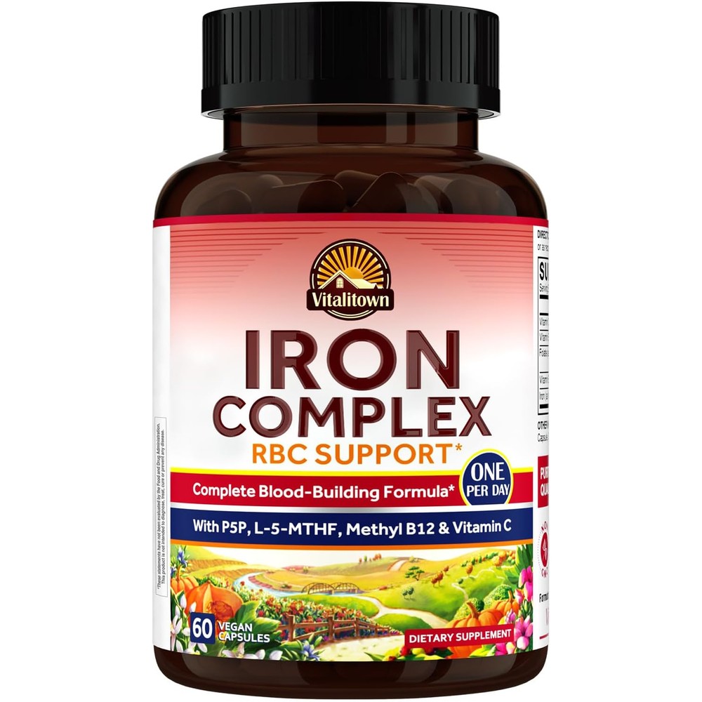 Vitalitown Iron Complex Complete Blood Building Formula Ferrous Bisglycinate Active B6 Folate B12 Red Blood Cell Support 60 Vegan Capsules