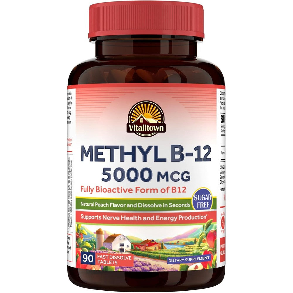 Vitalitown Vitamin B12 Methyl B12 5000 Mcg Fully Bioactive Form Natural Peach Flavor Zero Sugar 90 Fast Dissolve Tablets
