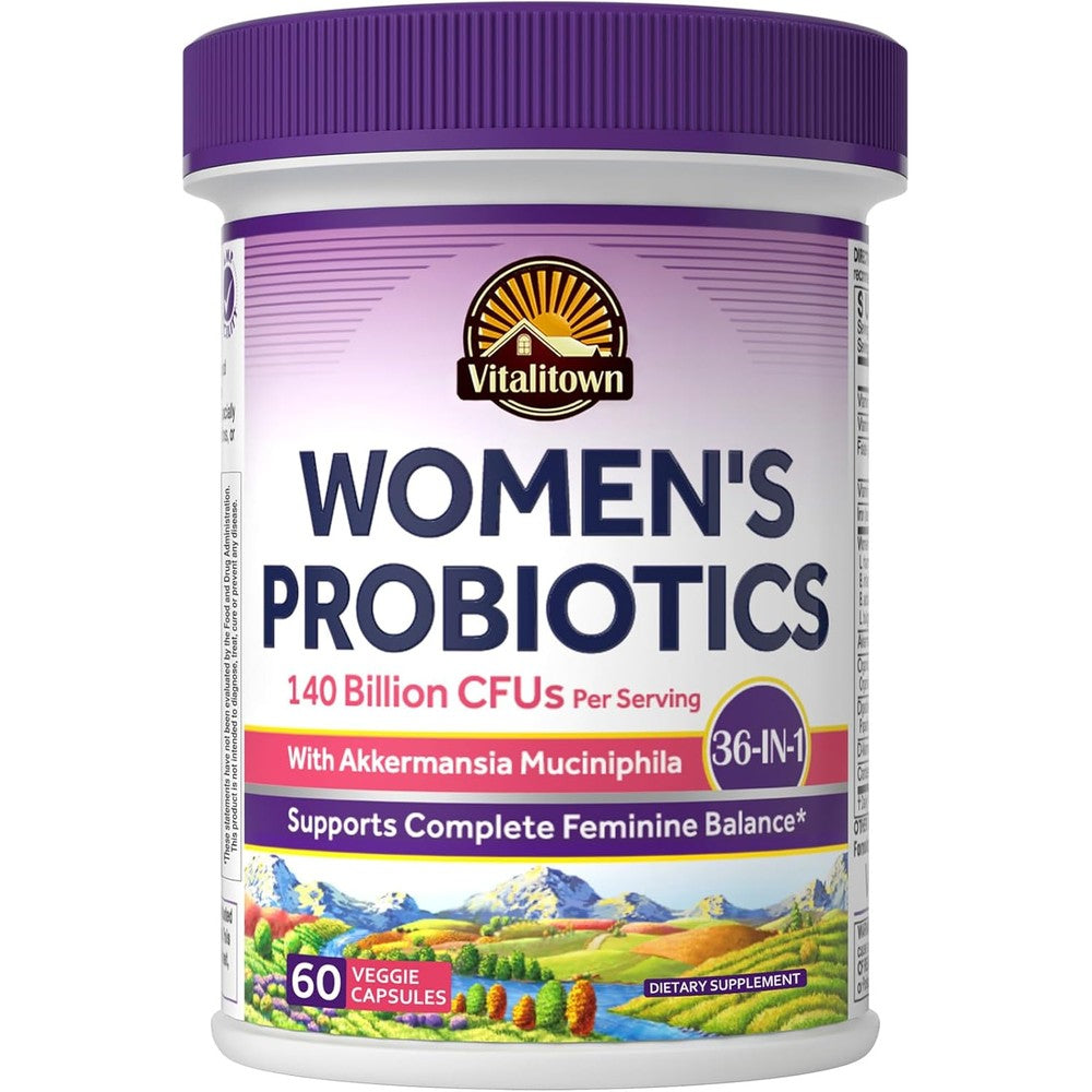 Vitalitown Probiotics For Women 140 Billion CFU 20 Strains Akkermansia With Iron Vitamin C B6 B12 Digestive Enzymes Cranberry D-Mannose 60 Capsules