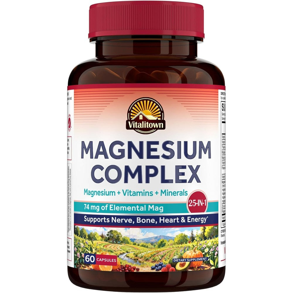 Vitalitown 25-In-1 Magnesium Complex 74mg Magnesium Glycinate Malate Taurate Vitamin C D3 K2 B Complex 60 Capsules