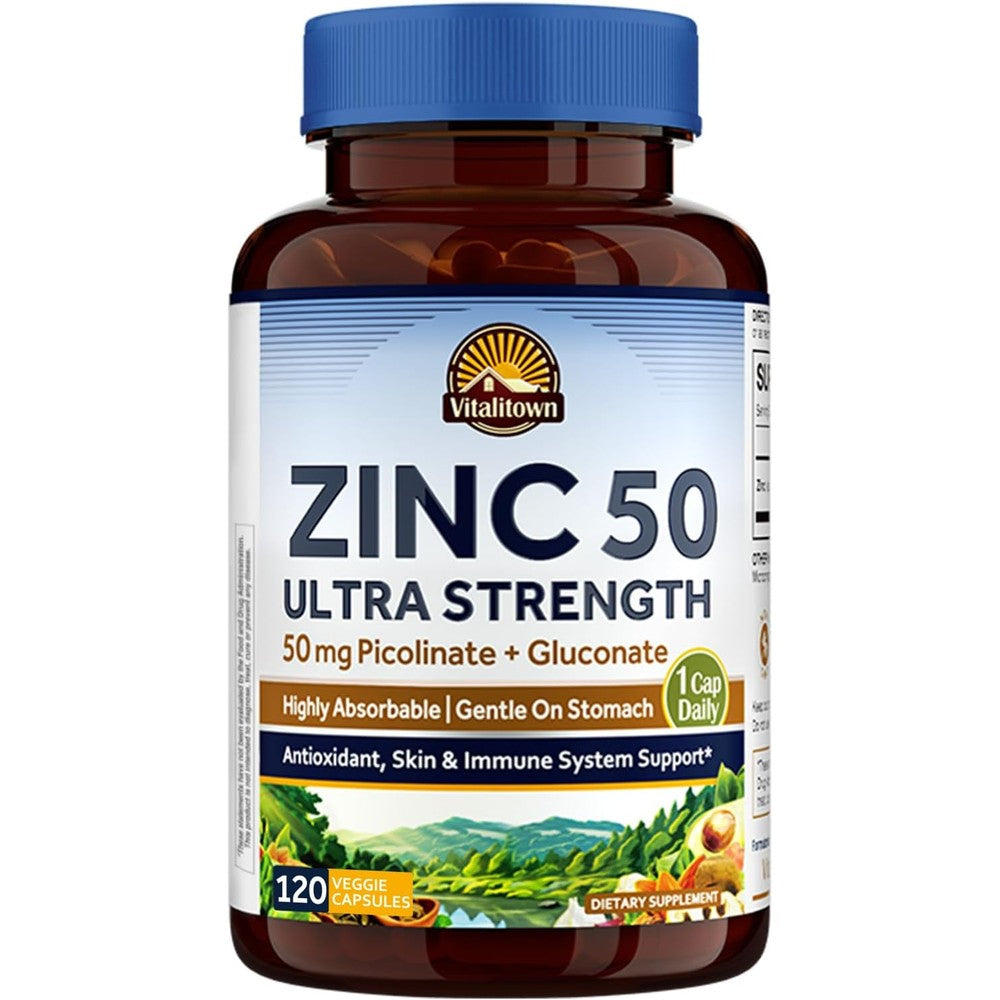 Vitalitown Chelated Zinc 50 Milligrams Zinc Picolinate And Zinc Gluconate 120 Veggie Capsules