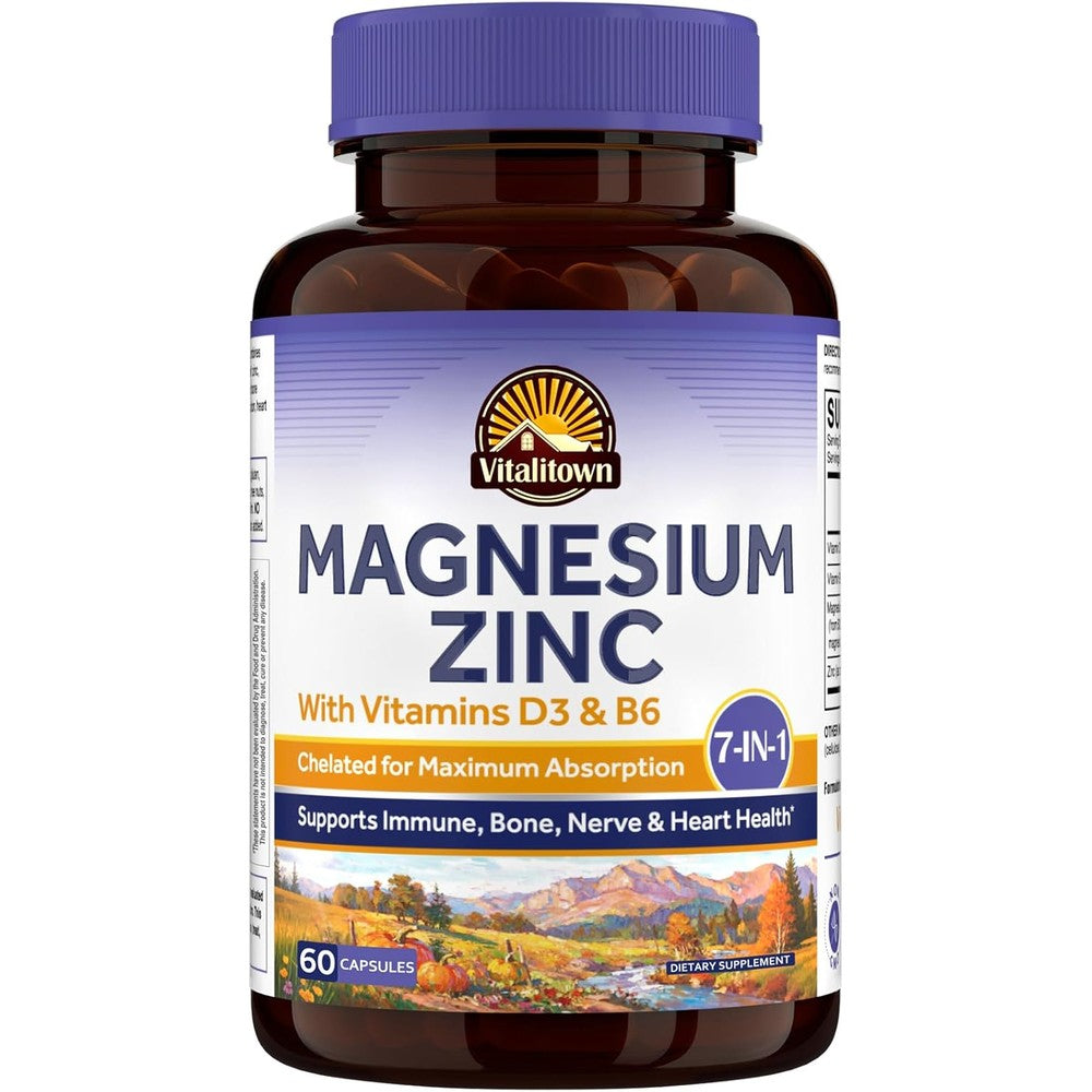 Vitalitown Magnesium Zinc With Vitamins D3 And B6 Chelated Complex Capsules 60 Count