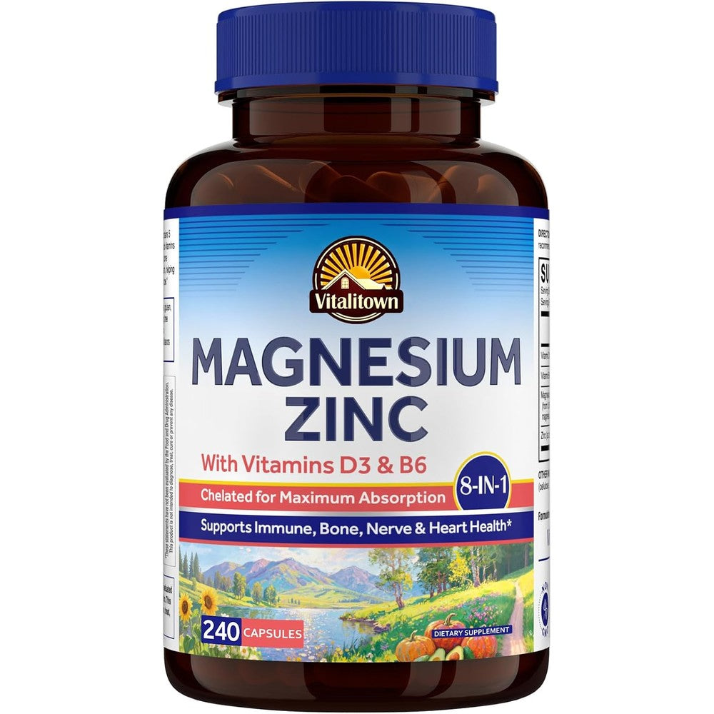 Vitalitown Magnesium Zinc With Vitamins D3 And B6 Chelated Magnesium Complex High Absorption Formula 240 Capsules