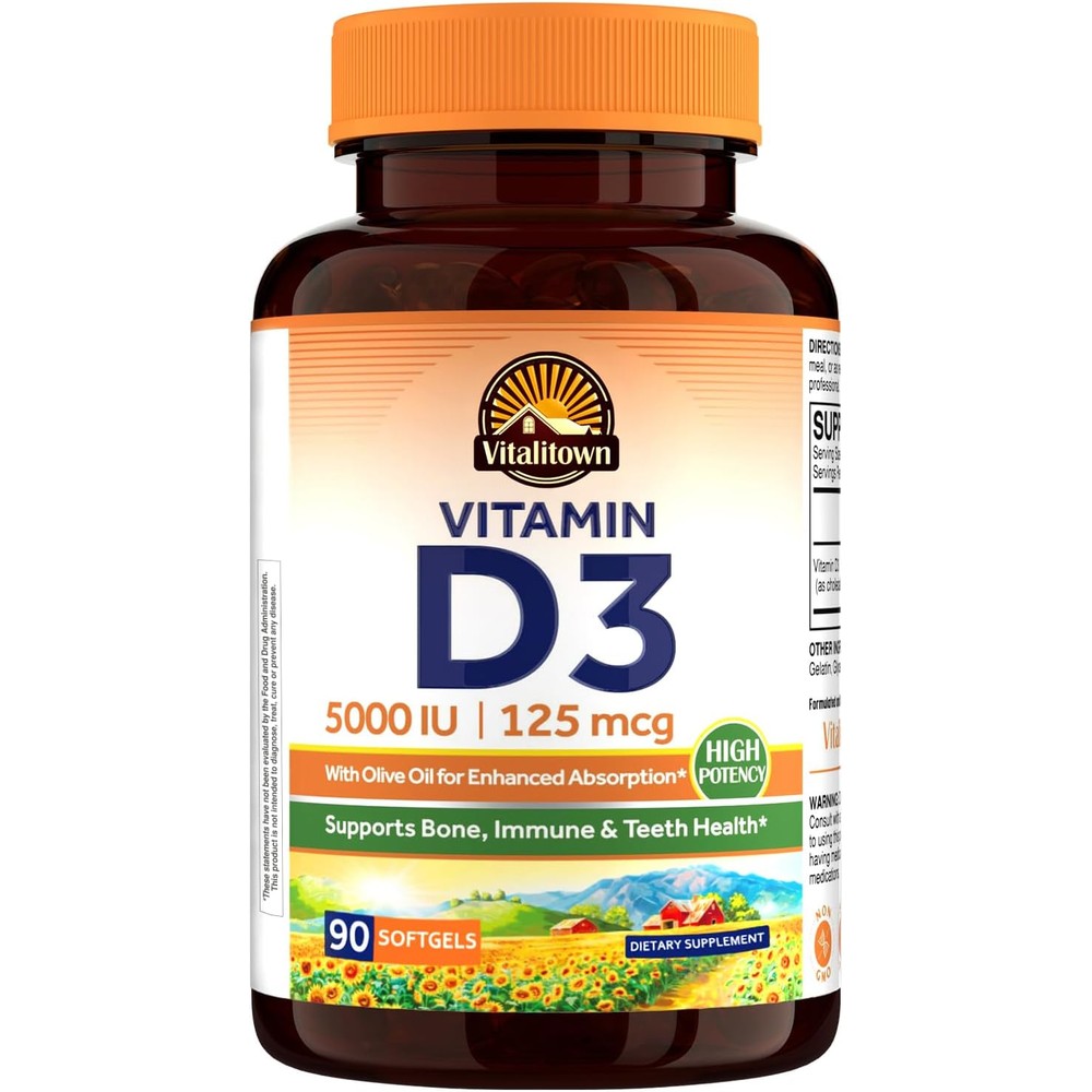 Vitalitown Vitamin D3 125 Mcg 5000 IU High Potency Softgels For Bone Teeth Heart And Immune Health Support 90 Count