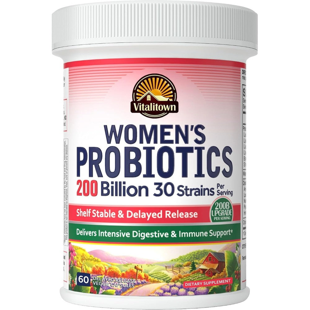 Vitalitown Women's Probiotics 200 Billion CFUs 30 Strains 60 Count Shelf Stable Veggie Capsules For Digestive And Vaginal Support
