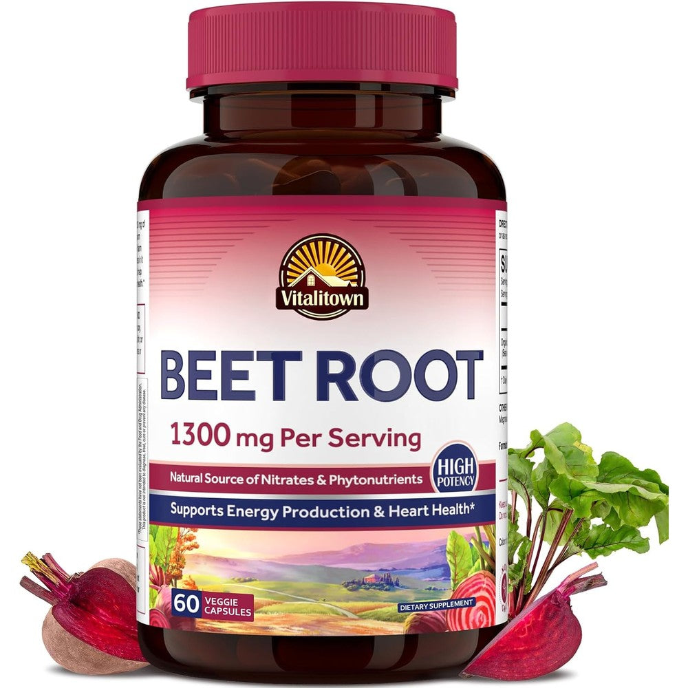 Vitalitown Beet Root Capsules 1300 Milligrams Organic Beetroot Powder Natural Nitric Oxide Booster 60 Vegan Capsules