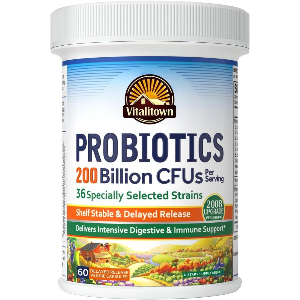 Vitalitown Probiotics 200 Billion CFUs 36 Strains Intensive Digestive And Immune Support Vegetarian Capsules 60 Count