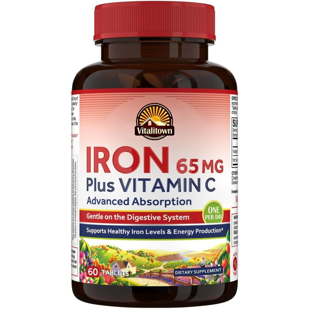 Vitalitown Iron Supplement High Potency 65 Milligrams Iron With Vitamin C 250 Milligrams 60 Vegan Pills