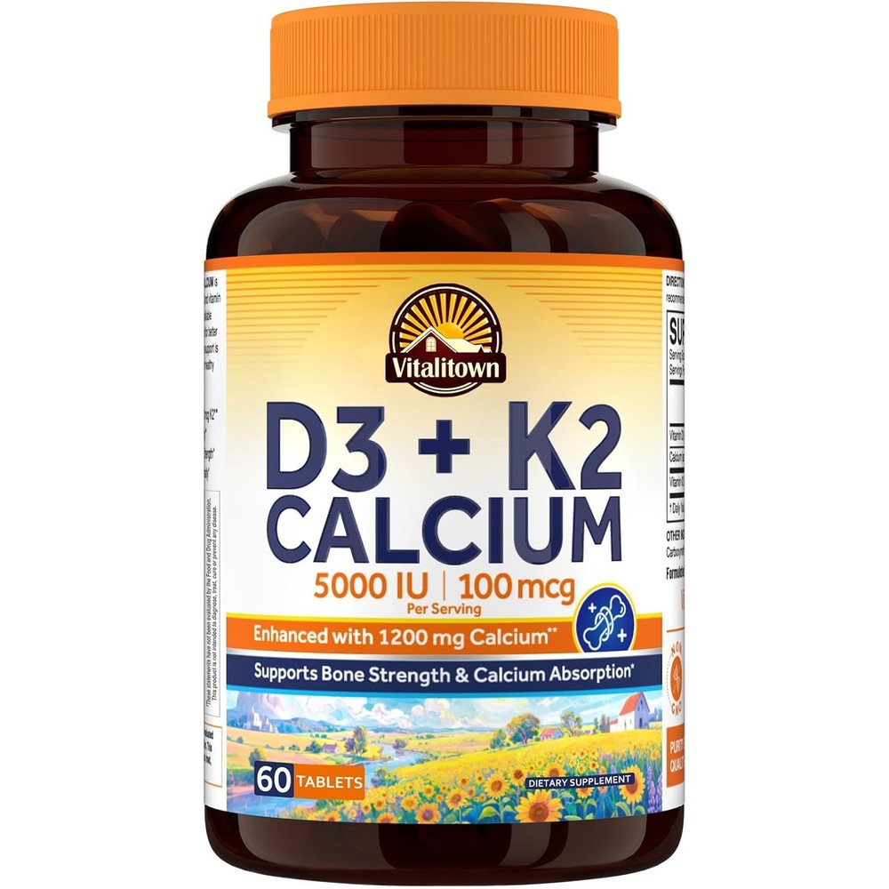 Vitalitown Vitamin D3 K2 Calcium 1200 Milligrams, Vitamin D3 5000 IU, High Potency Bone Strength And Immune Support Tablets, 60 Count