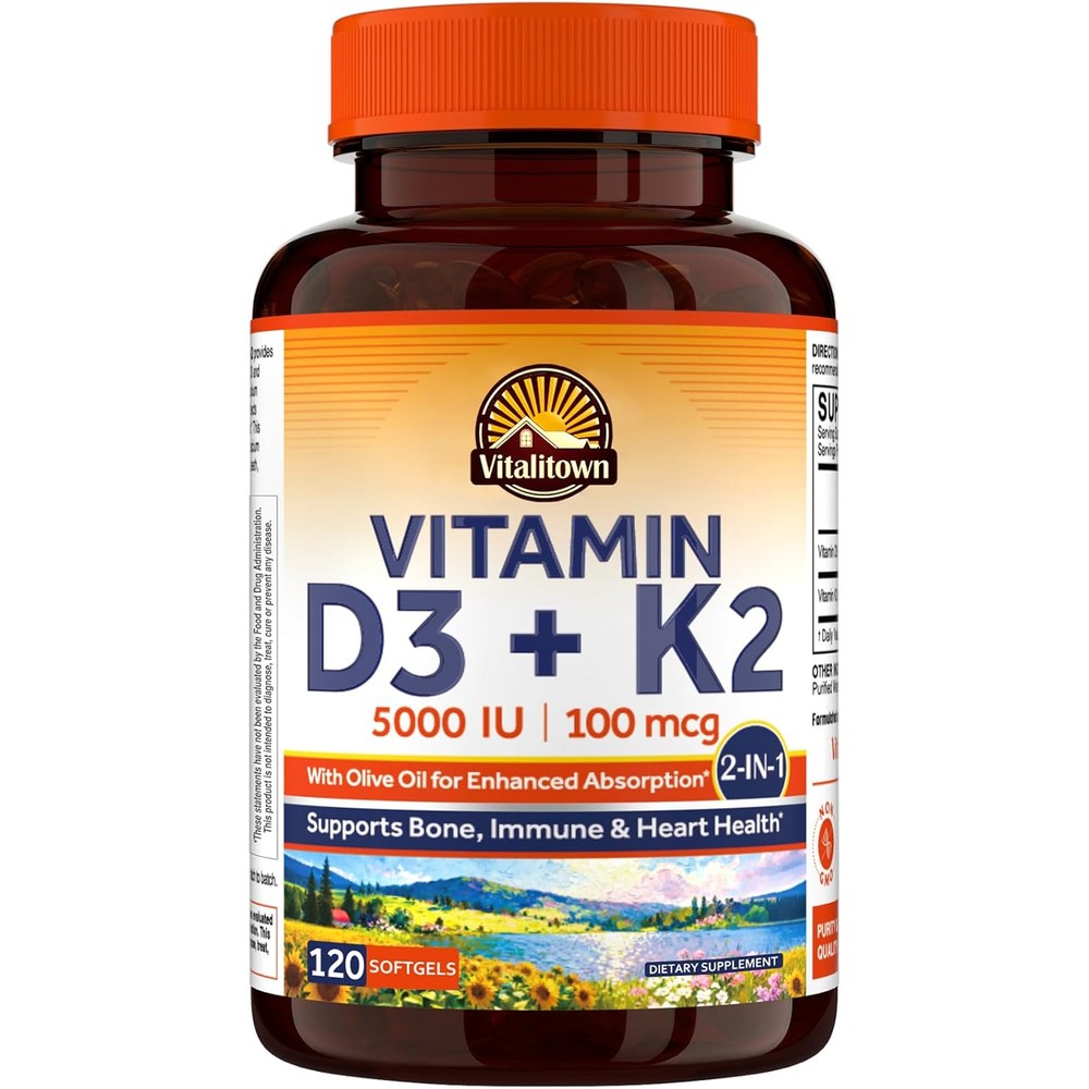 Vitalitown Vitamin D3 K2 Supplement, D3 5000 IU, Vitamin K2 MK-7 100 mcg, Non-GMO, Gluten And Soy Free, For Bone, Teeth, Immune And Heart Health, 1...
