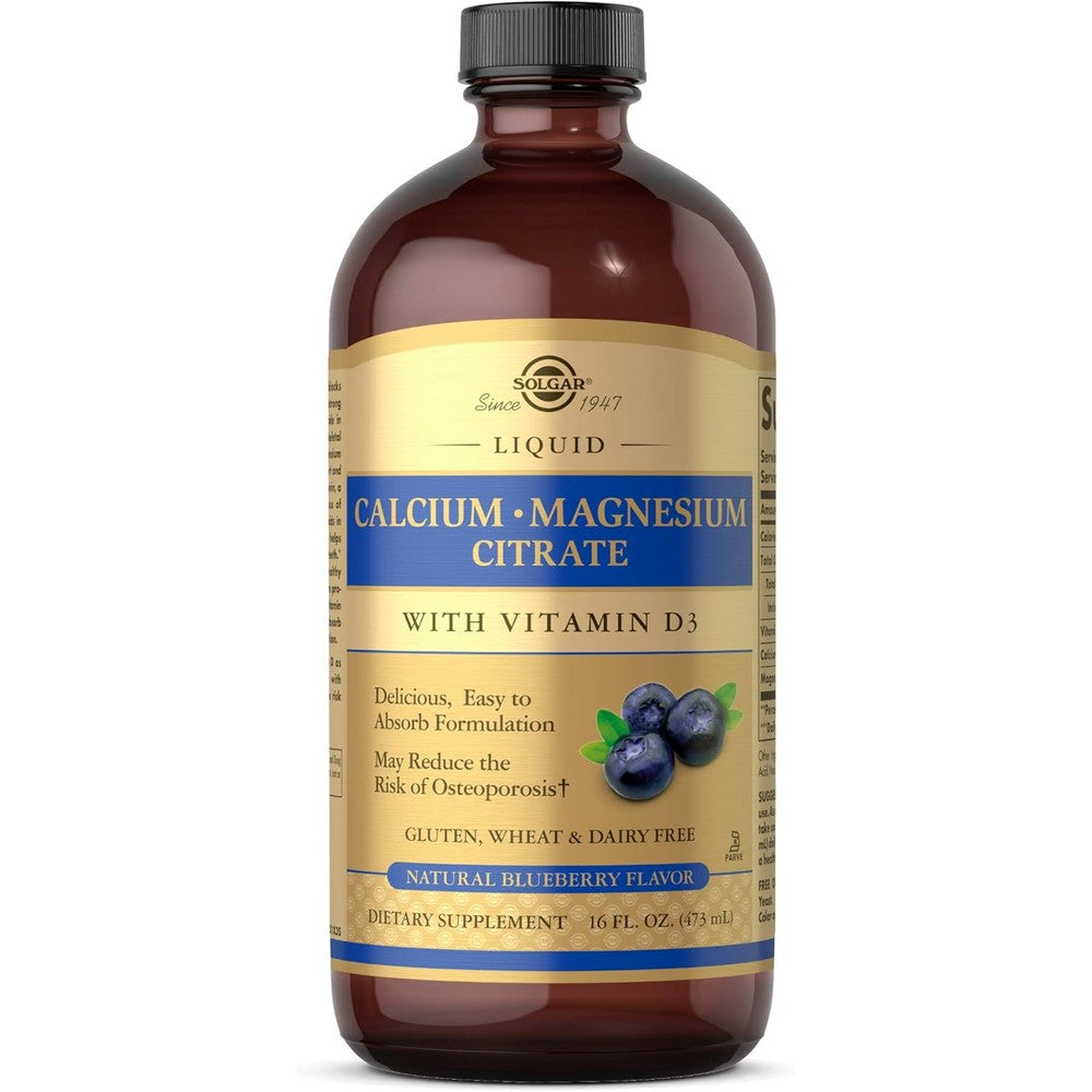 Solgar Liquid Calcium Magnesium Citrate With Vitamin D3 Natural Blueberry Flavor 16 Fluid Ounces