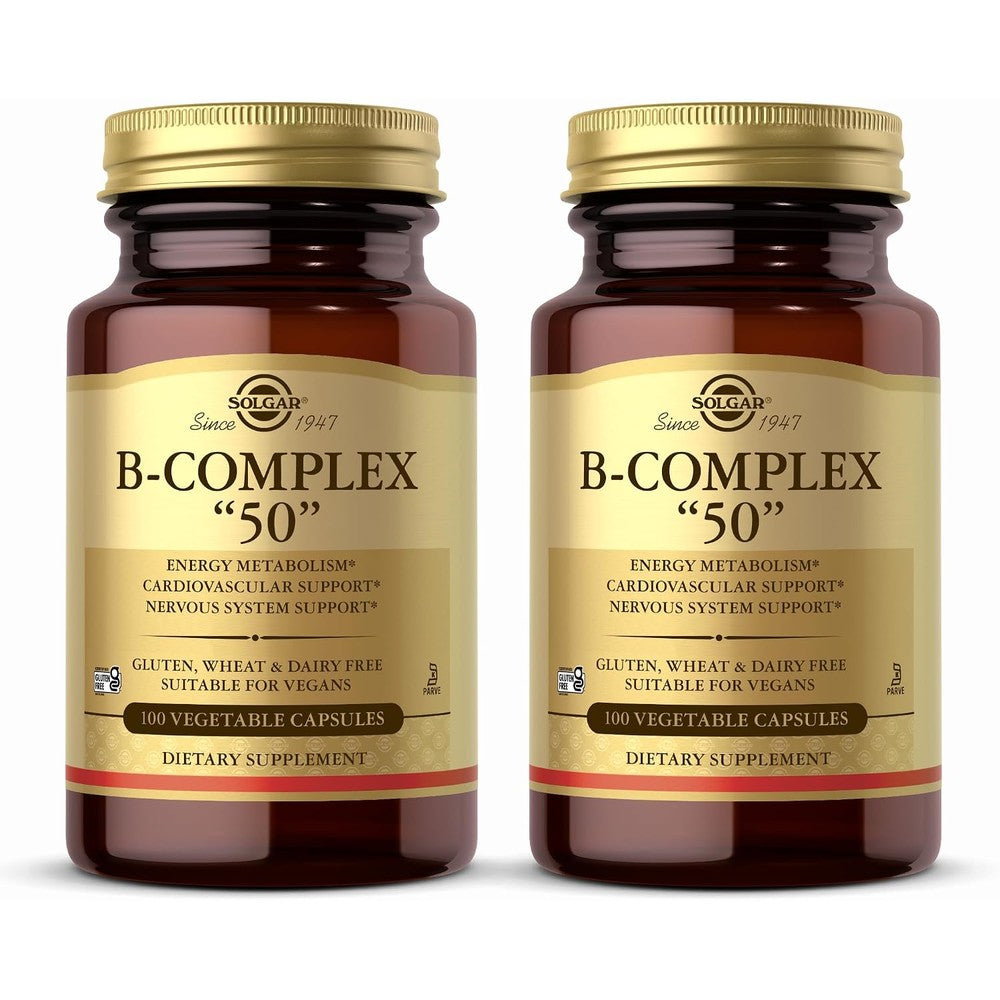 Solgar B-Complex "50" - 100 Vegetable Capsules, Pack of 2 - Energy Metabolism & Nervous System Support - Non-GMO, Vegan, Gluten Free - 200 Total Servings