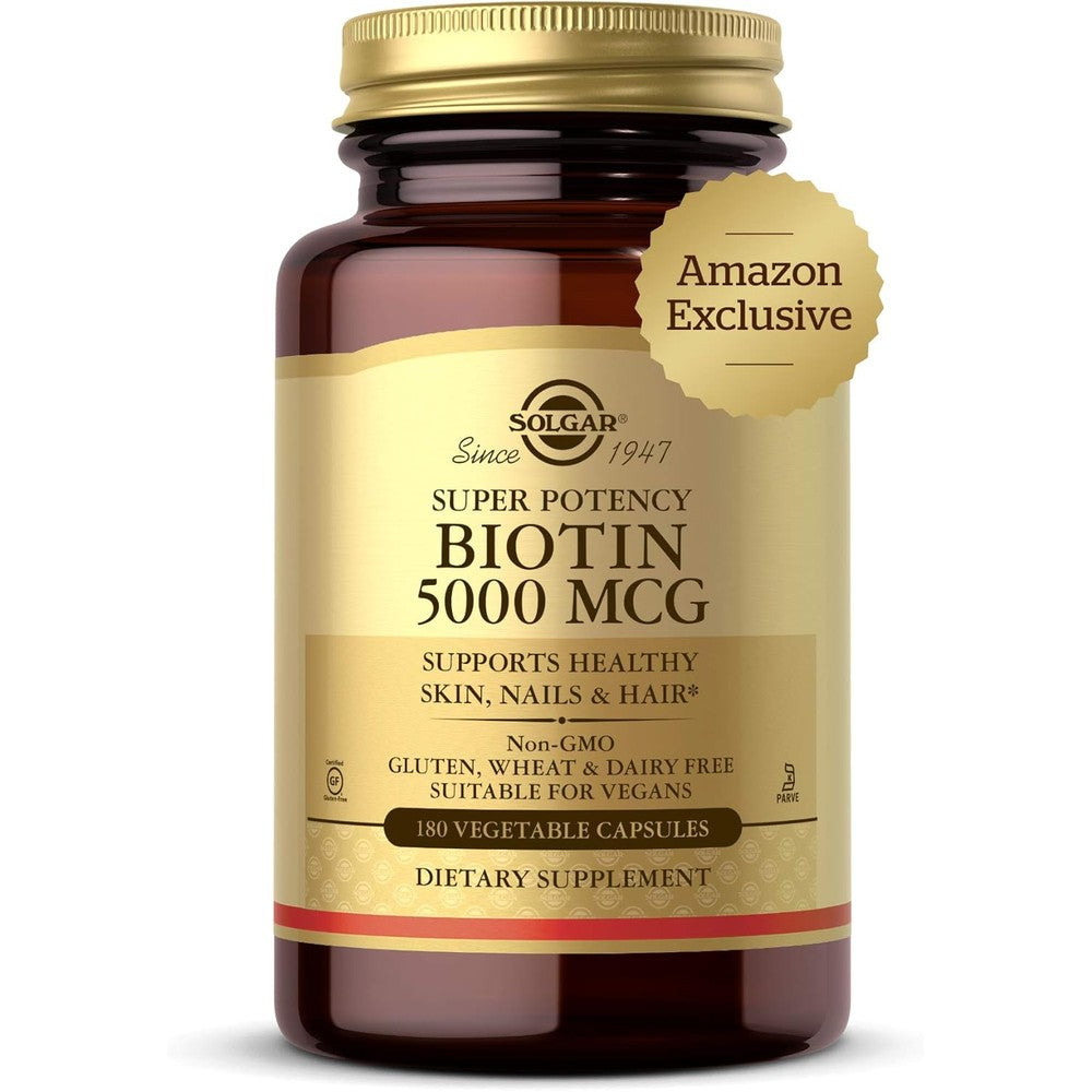 Solgar Biotin 5000 Mcg Supports Healthy Skin, Nails And Hair With Energy Metabolism Vitamin B Non-GMO Vegan Gluten Free 180 Count
