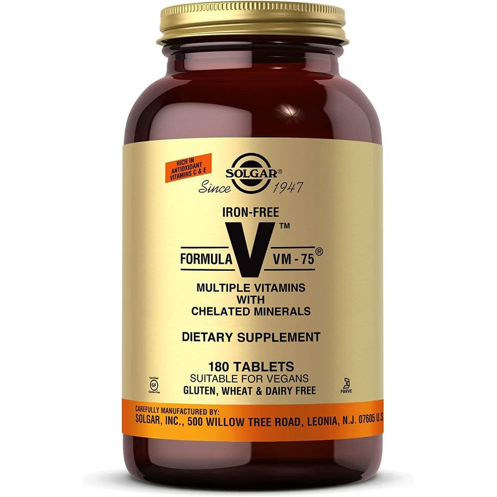 Solgar Iron-Free Formula VM-75, 180 Tablets - Multivitamin With Chelated Minerals - Vitamin A, B6, B12, C, D, E