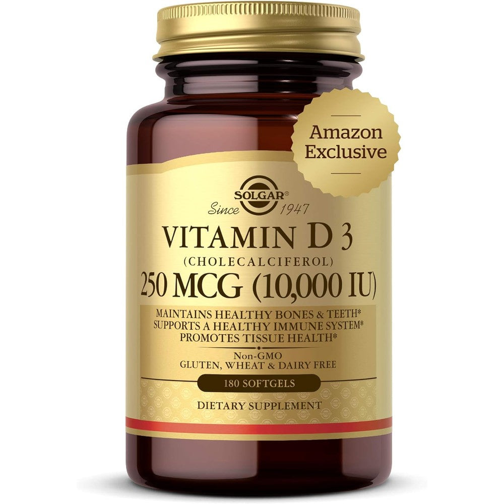 Solgar Vitamin D3 Cholecalciferol 250 MCG 10000 IU Softgels Helps Maintain Healthy Bones Teeth Immune System Support Non-GMO Gluten, Dairy Free Ser...