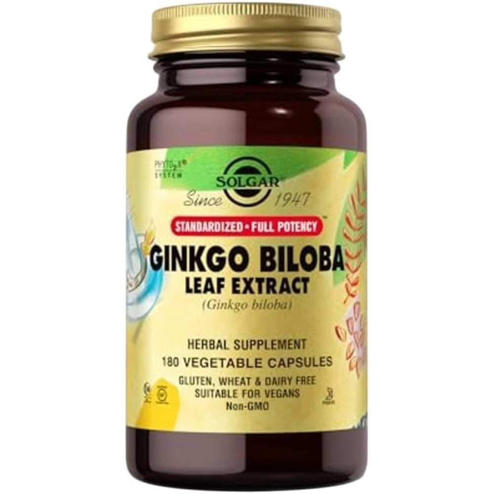 Solgar Ginkgo Biloba Leaf Extract - 180 Vegetable Capsules - Standardized Full Potency (SFP) - Non-GMO, Vegan, Gluten Free, Dairy Free, Kosher, Halal - 180 Servings