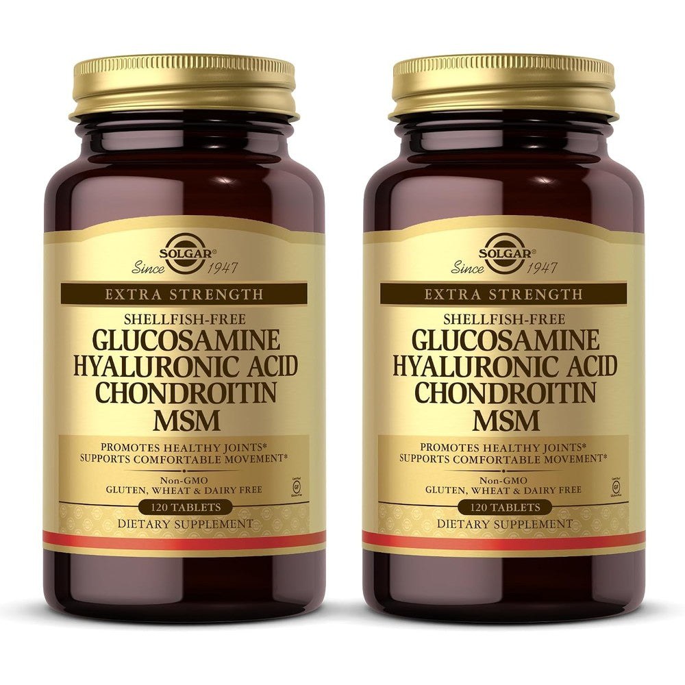 Solgar Extra Strength Glucosamine Hyaluronic Acid Chondroitin MSM Shellfish Free 120 Tablets 2 Bottles