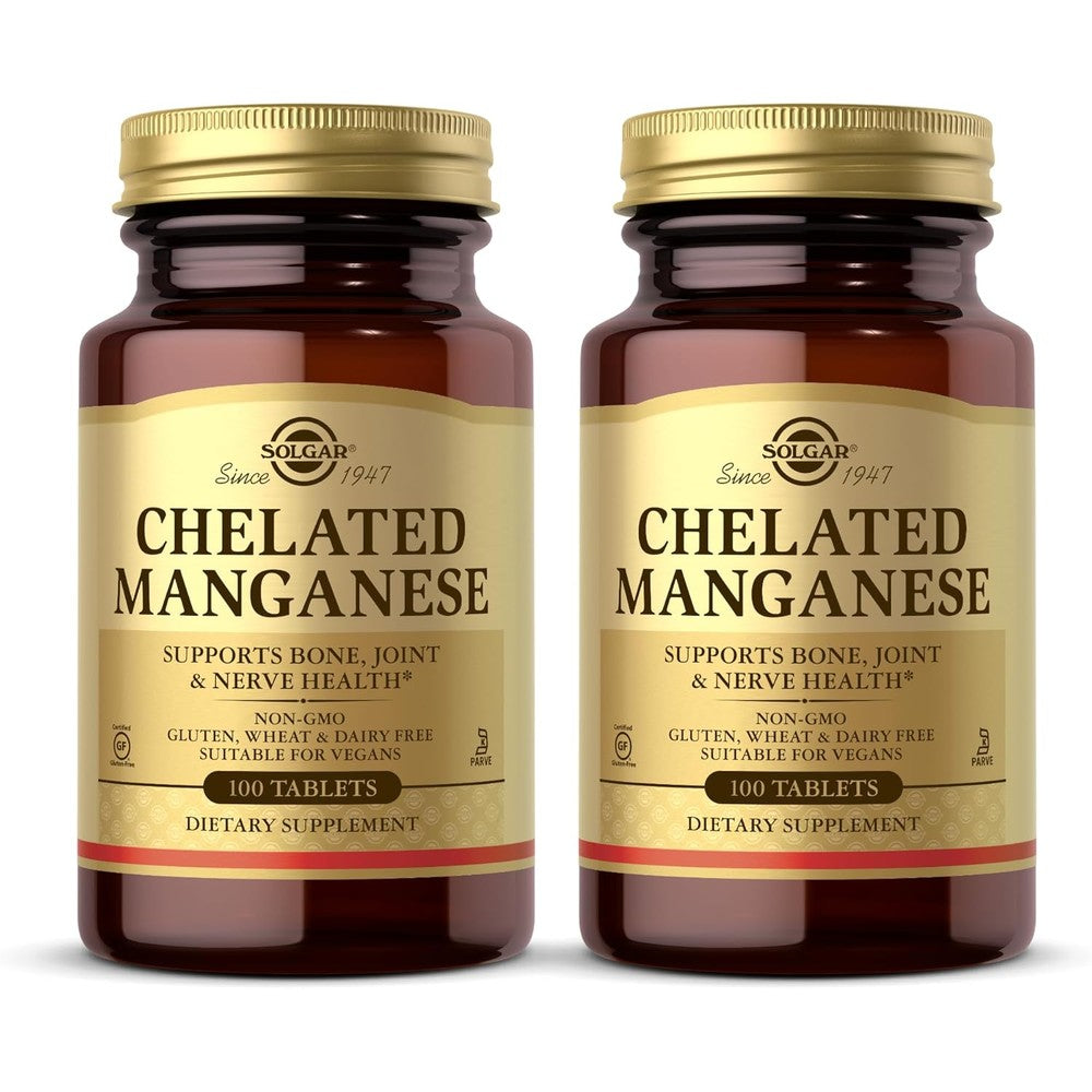 Solgar Chelated Manganese 100 Tablets Pack Of 2 Supports Bone Joint And Nerve Health Non-GMO Vegan Gluten Free