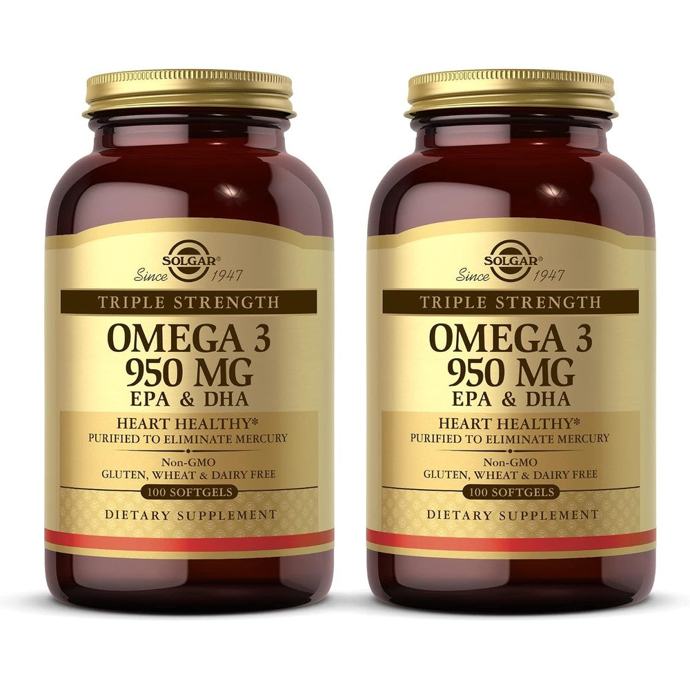 Solgar Triple Strength Omega 3 950 mg - 100 Softgels, Pack of 2 - Supports Joint & Skin Health - Non-GMO, Gluten Free, Dairy Free - 200 Total Servings