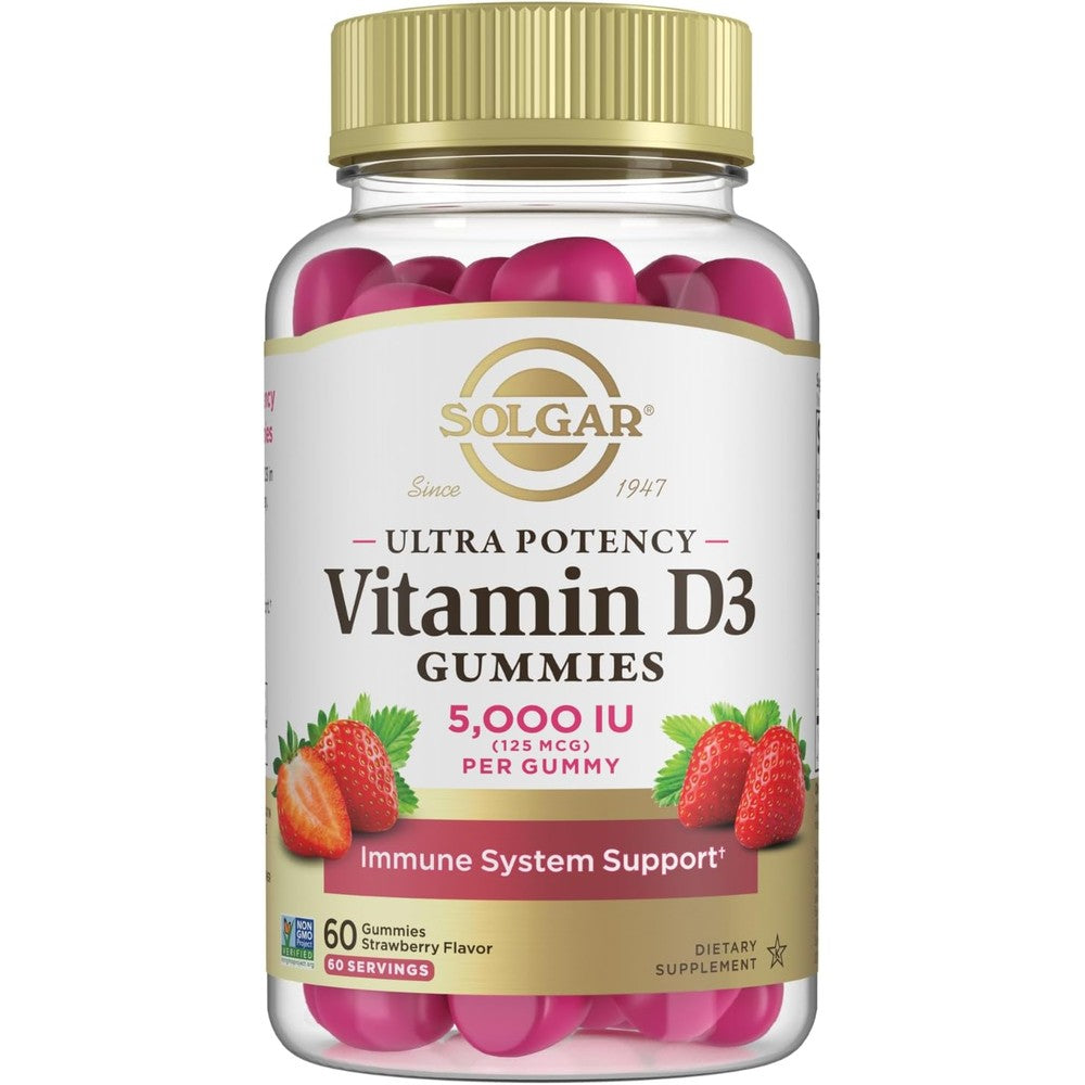 Solgar Vitamin D3 Gummies For Adults 5000IU Ultra Potency Immune Support Strawberry Flavor 60 Servings