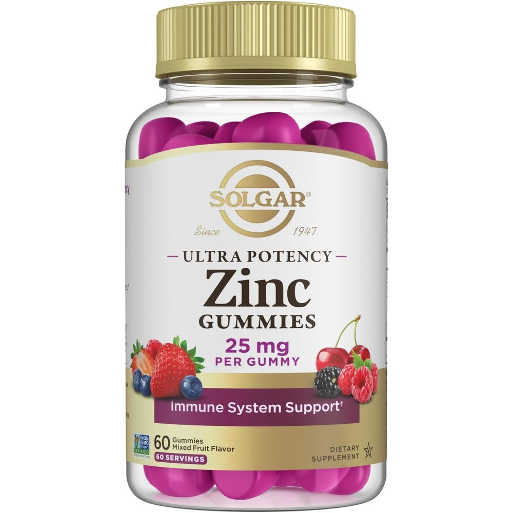 Solgar Ultra Potency Zinc Gummies Adult Vitamin 25mg Zinc Citrate Mixed Fruit Flavor 60 Servings