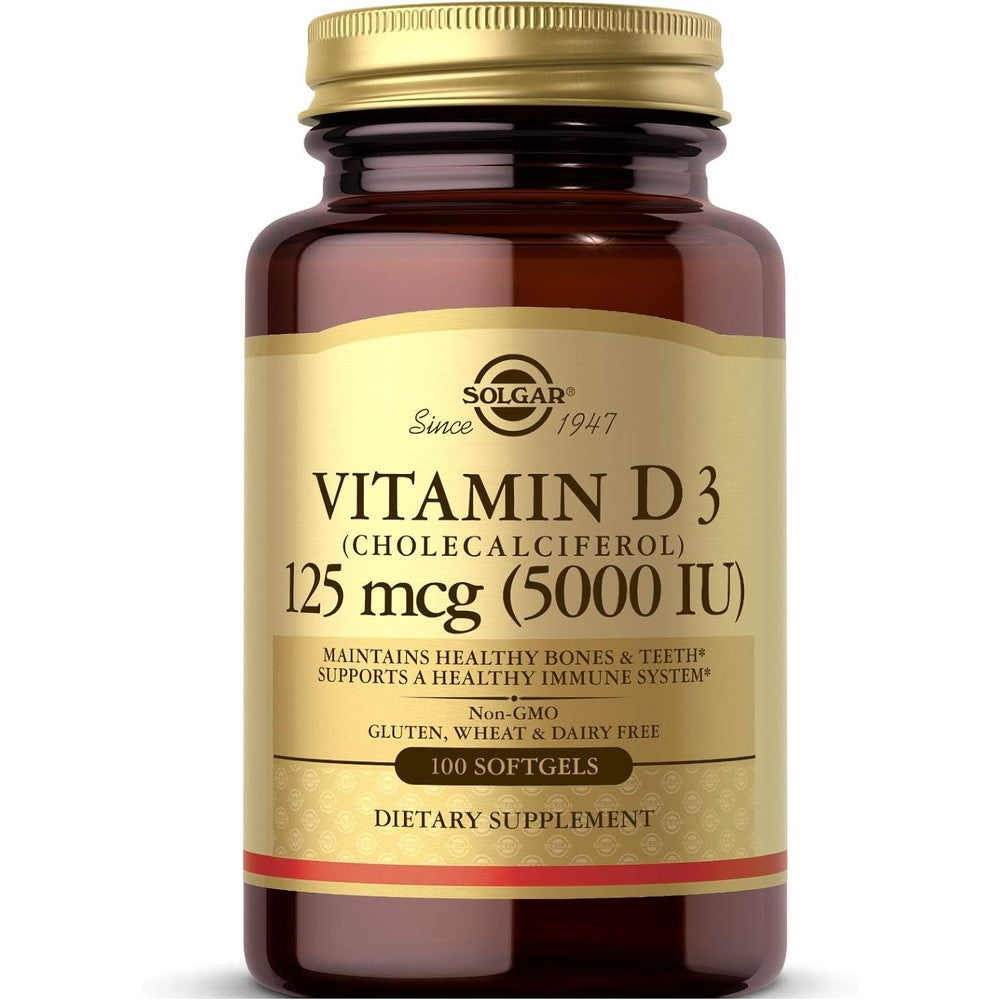 Solgar Vitamin D3 (Cholecalciferol) 125 MCG (5000 IU), 100 Softgels - Helps Maintain Healthy Bones & Teeth - Immune System Support - Non GMO, Gluten-Free, Dairy Free - 100 Servings