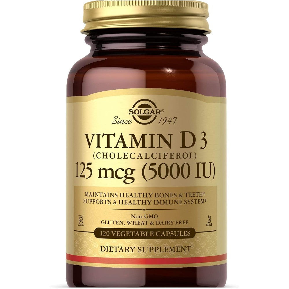 Solgar Vitamin D3 (Cholecalciferol) 125 Mcg (5000 IU), 120 Vegetable Capsules - Helps Maintain Healthy Bones & Teeth - Immune System Support - Non-GMO, Gluten Free, Dairy Free, Kosher - 120 Servings