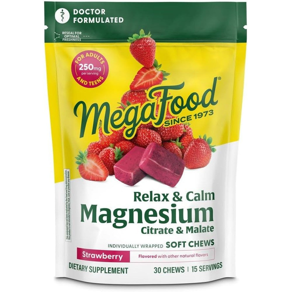 MegaFood Magnesium Relax Plus Calm Strawberry Flavor Soft Chews Dietary Supplement 30 Count