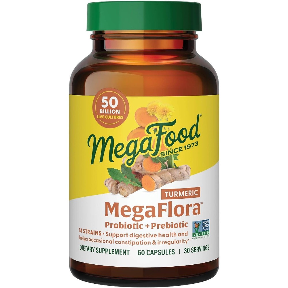 MegaFood MegaFlora Probiotic Prebiotic with Turmeric 60 Capsules 30 Servings 50 Billion CFUs
