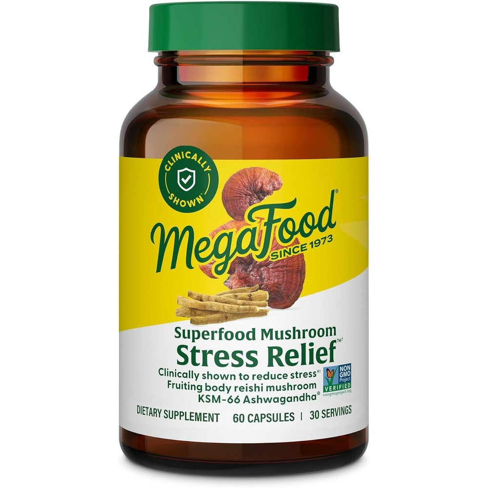 MegaFood Superfood Mushroom Stress Relief Dietary Supplement Capsules With Organic Reishi Mushroom And KSM 66 Ashwagandha 60 Capsules 30 Servings