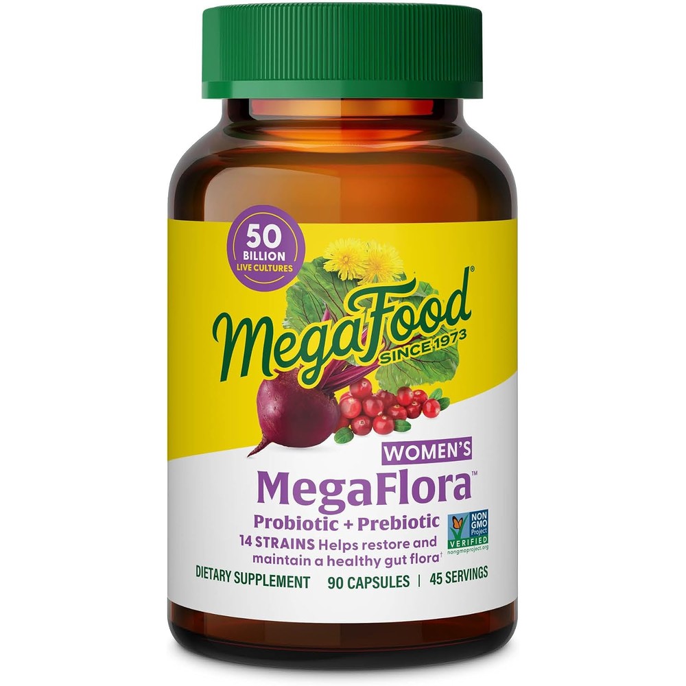 MegaFood MegaFlora Womens Probiotic Prebiotic With Cranberry 90 Capsules 50 Billion CFUs 14 Strains Vegetarian 45 Servings