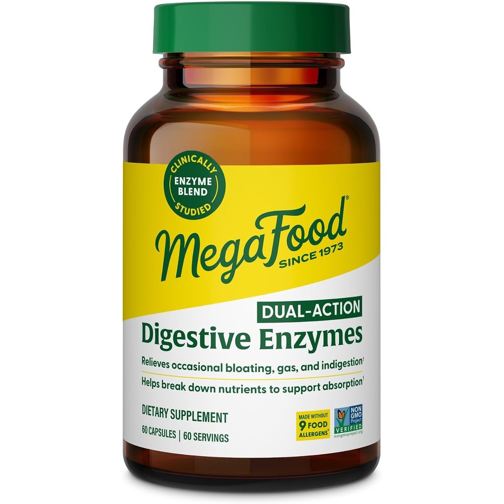 MegaFood Dual-Action Digestive Enzymes for Women And Men, Gas And Bloating Relief, 60 Capsules