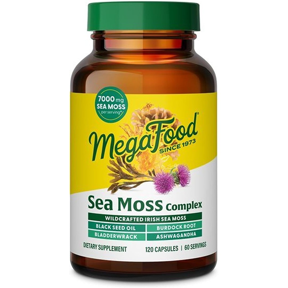 MegaFood Sea Moss Complex Supplement with Irish Sea Moss 7000mg, Black Seed Oil, Ashwagandha and Burdock Root, 120 Vegan Capsules