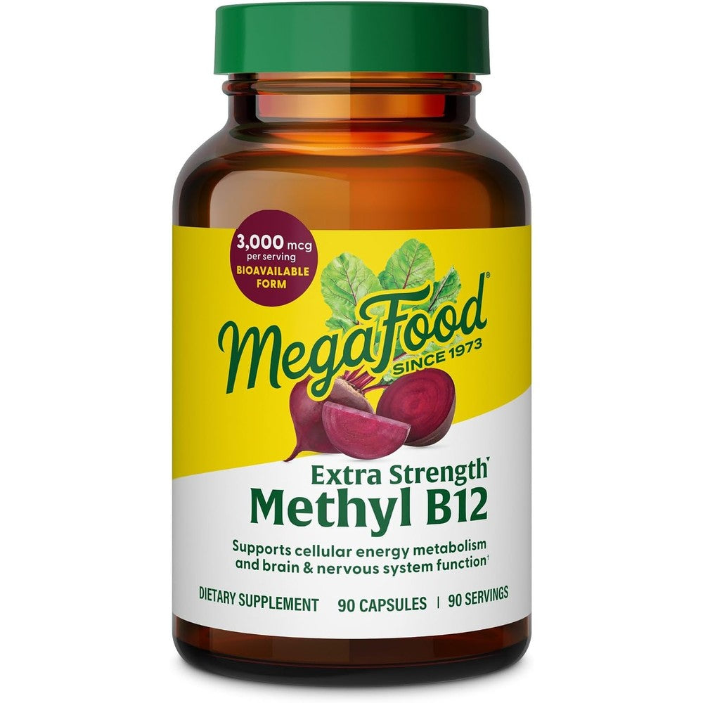 MegaFood Extra Strength Methyl B12 Vitamin 3000 Mcg with Beetroot, Cellular Energy Support, Vegan, 90 Capsules